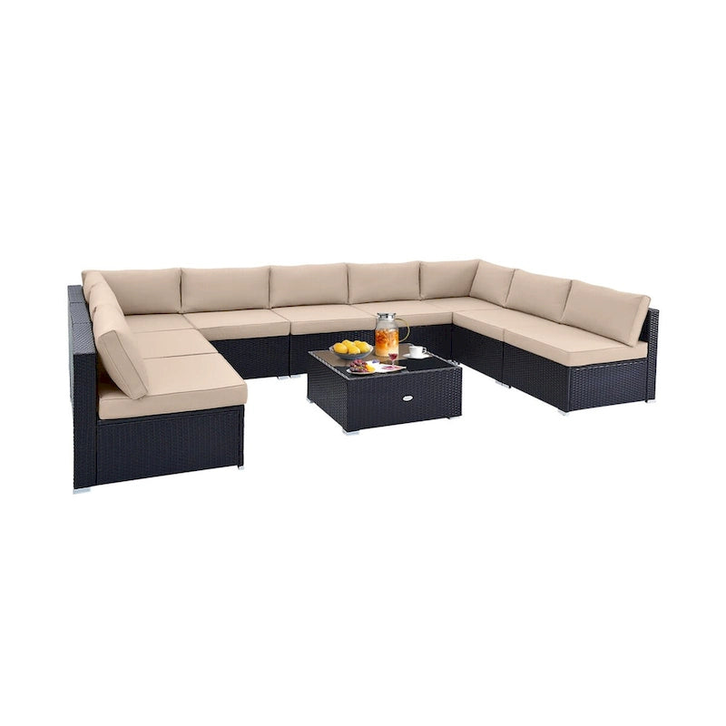 Ensemble de conversation d'extérieur 10 pièces en osier avec coussins d'assise et de dossier - 29 x 25 x 25