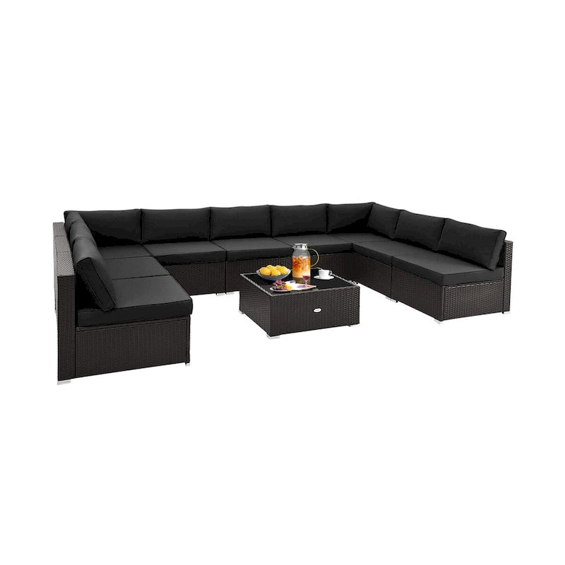 Ensemble de conversation d'extérieur 10 pièces en osier avec coussins d'assise et de dossier - 29 x 25 x 25