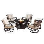 Ensemble table de brasero ronde en aluminium de 112 cm pour l'extérieur avec quatre fauteuils pivotants à bascule profonds et accessoires