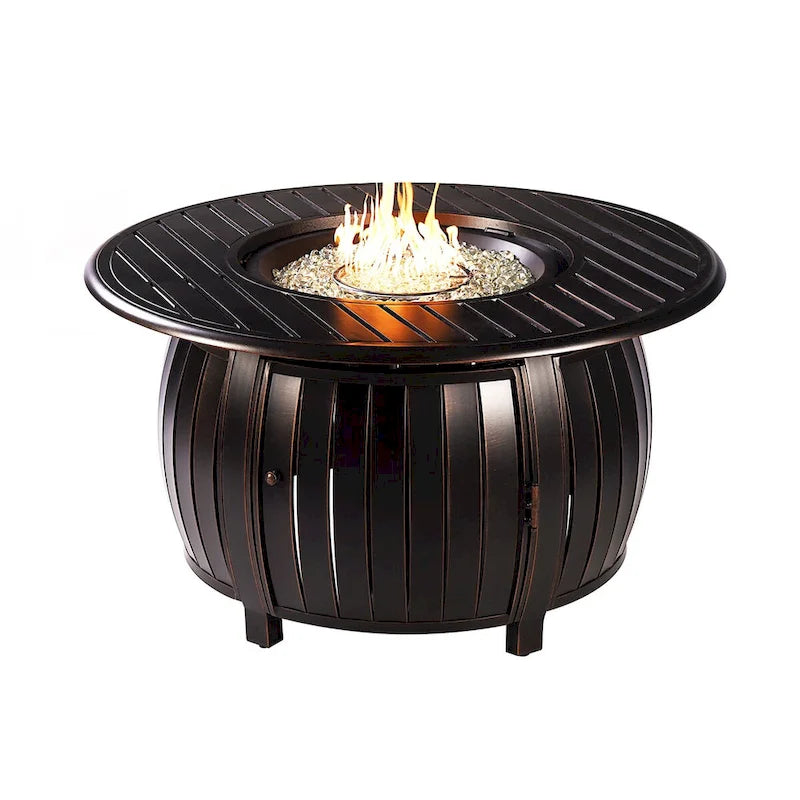 Ensemble table de brasero ronde en aluminium de 112 cm pour l'extérieur avec quatre fauteuils pivotants à bascule profonds et accessoires