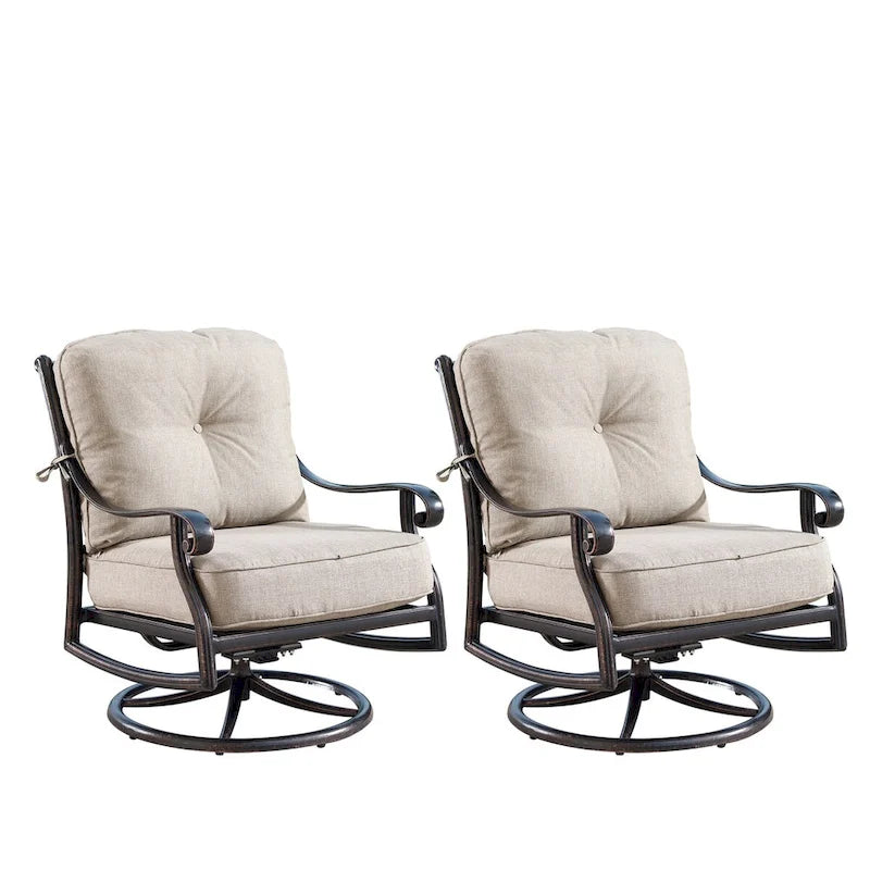 Ensemble table de brasero ronde en aluminium de 112 cm pour l'extérieur avec quatre fauteuils pivotants à bascule profonds et accessoires