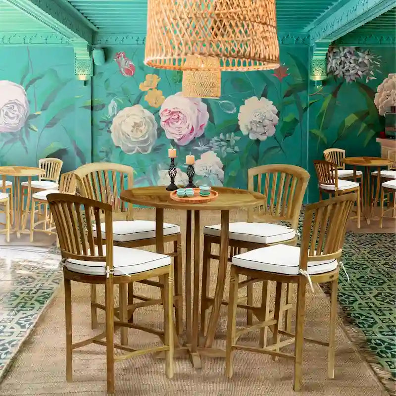 Ensemble de bar 5 pièces chic en teck avec table ronde et chaises sans accoudoirs Orléans avec coussins
