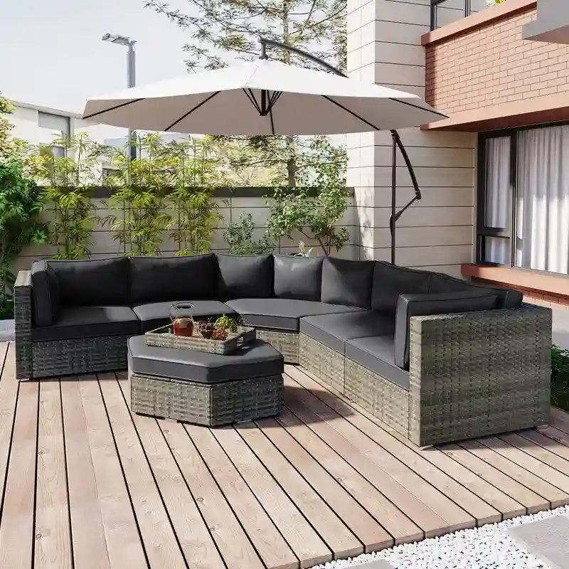Ensemble de conversation d'extérieur 6 pièces avec pouf, coussins et petites tables d'appoint