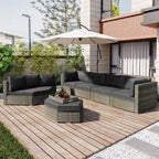 Ensemble de conversation d'extérieur 6 pièces avec pouf, coussins et petites tables d'appoint