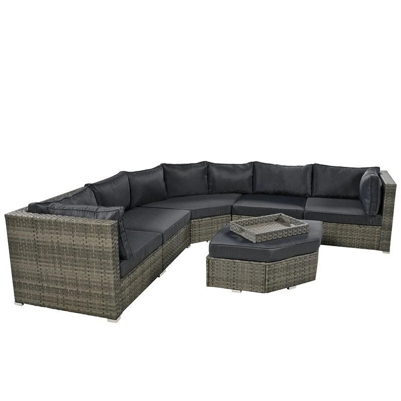 Ensemble de conversation d'extérieur 6 pièces avec pouf, coussins et petites tables d'appoint