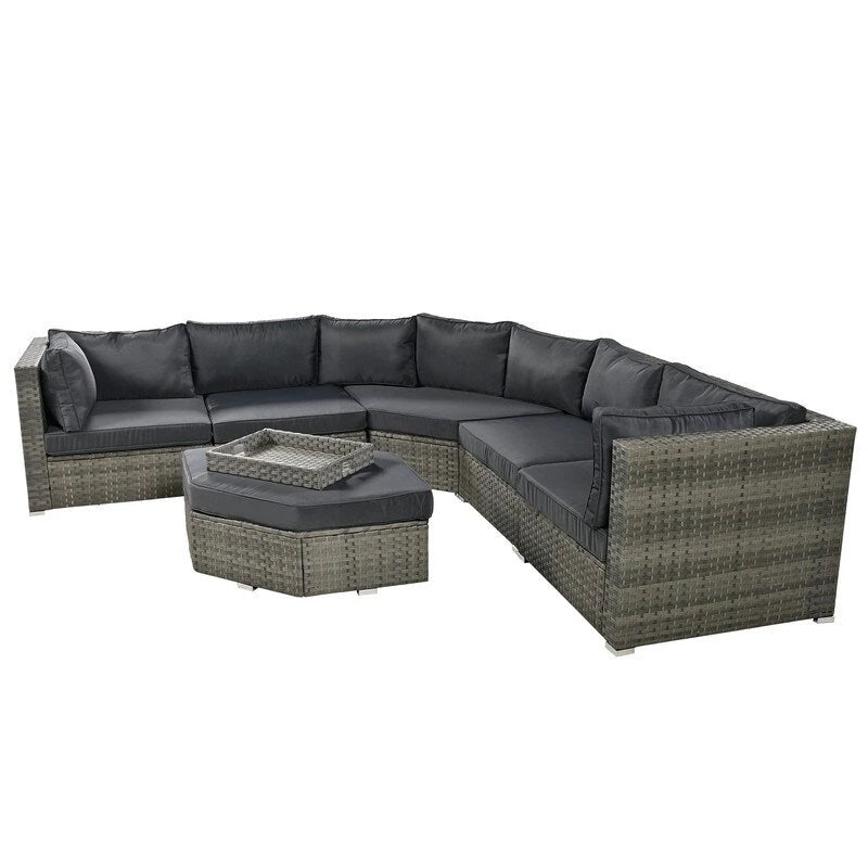 Ensemble de conversation d'extérieur 6 pièces avec pouf, coussins et petites tables d'appoint