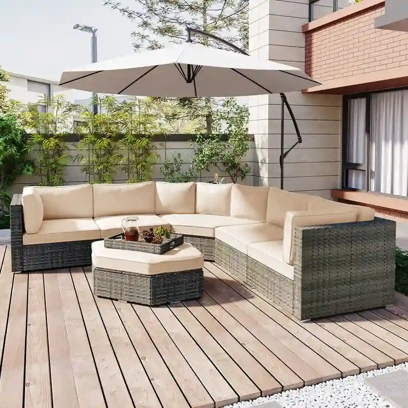 Ensemble de conversation d'extérieur 6 pièces avec pouf, coussins et petites tables d'appoint