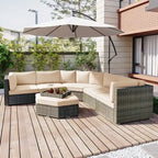 Ensemble de conversation d'extérieur 6 pièces avec pouf, coussins et petites tables d'appoint