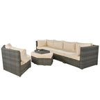Ensemble de conversation d'extérieur 6 pièces avec pouf, coussins et petites tables d'appoint