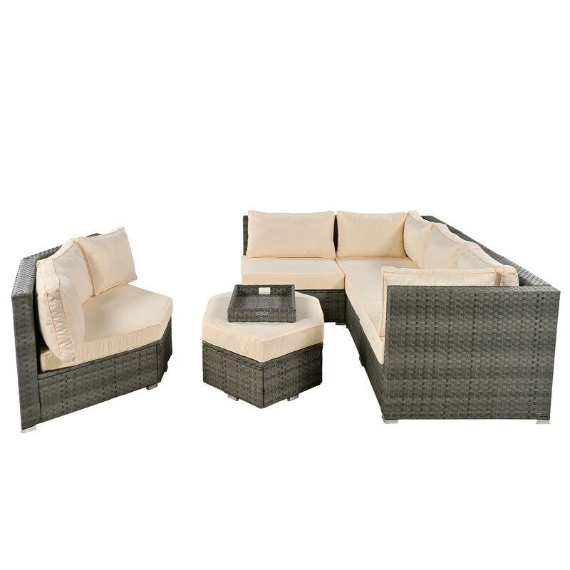 Ensemble de conversation d'extérieur 6 pièces avec pouf, coussins et petites tables d'appoint
