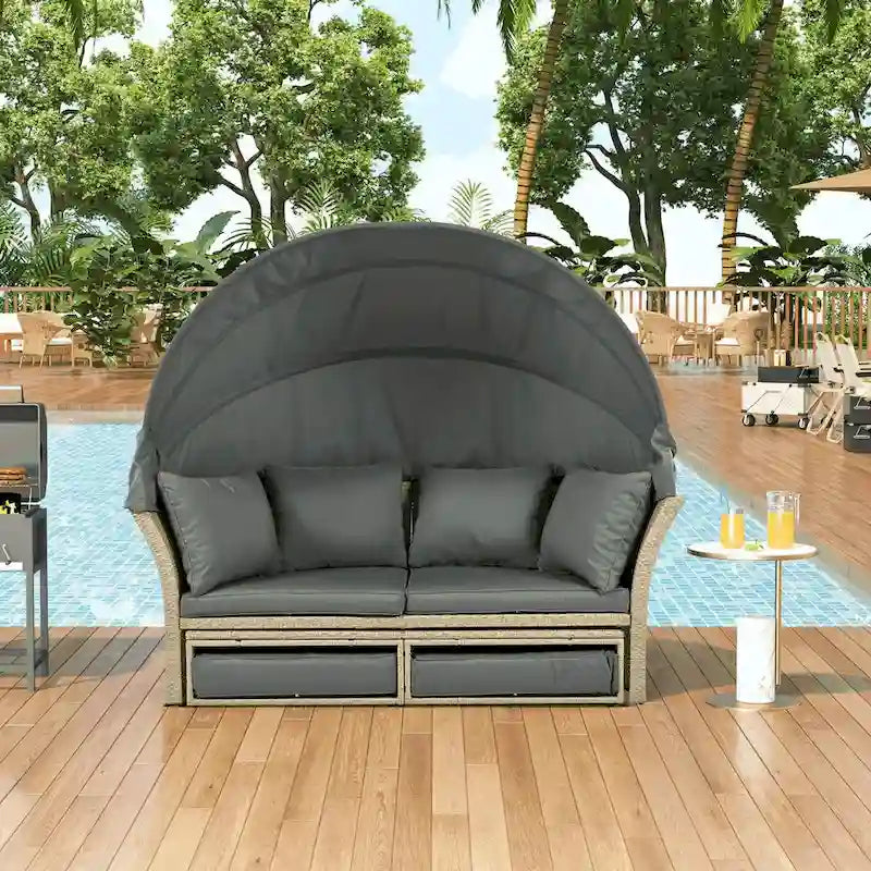 Bain de soleil double en rotin tressé d'extérieur avec auvent rétractable