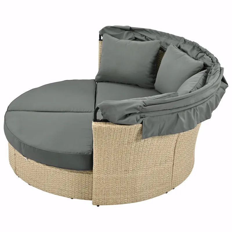 Bain de soleil double en rotin tressé d'extérieur avec auvent rétractable