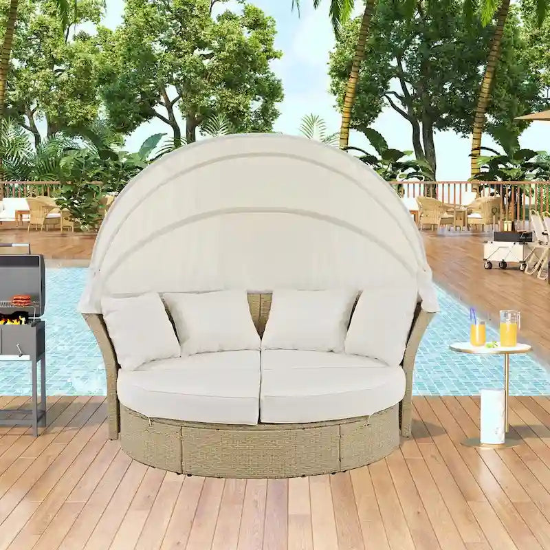 Bain de soleil double en rotin tressé d'extérieur avec auvent rétractable
