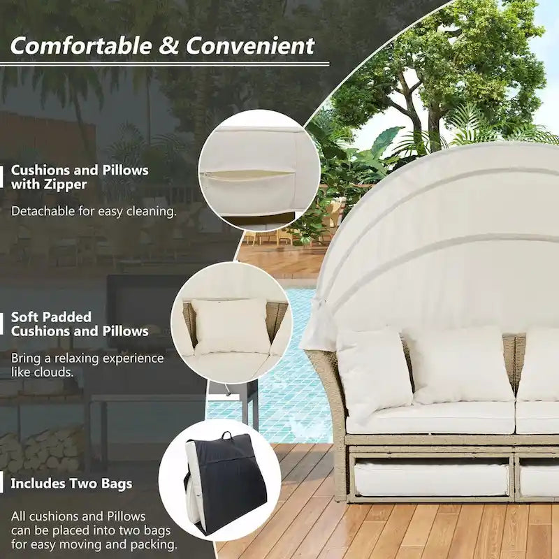 Bain de soleil double en rotin tressé d'extérieur avec auvent rétractable