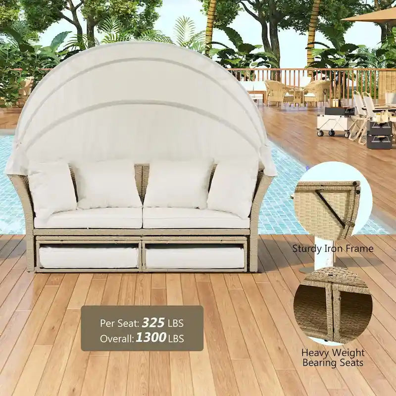Bain de soleil double en rotin tressé d'extérieur avec auvent rétractable