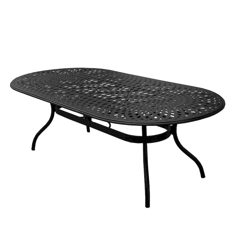 Ensemble de salle à manger d'extérieur moderne en treillis métallique en aluminium, grand ovale de 95 po, avec huit fauteuils - N/A