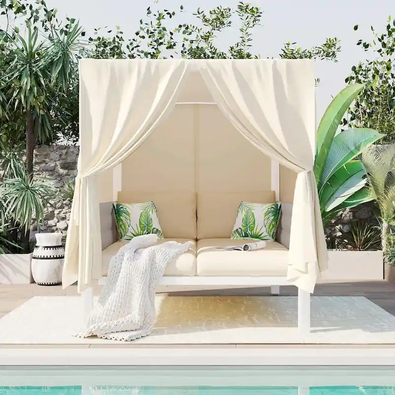 Bain de soleil extérieur avec rideaux, grand confort, adapté