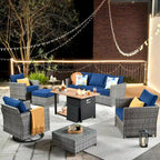 HOOOWOOO Ensemble de Meubles de Jardin Extérieur 10 Pièces en Osier Gris avec Table Brasero