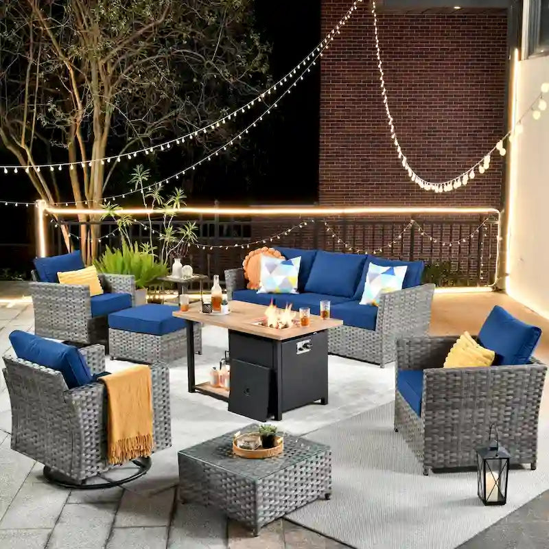 HOOOWOOO Ensemble de Meubles de Jardin Extérieur 10 Pièces en Osier Gris avec Table Brasero