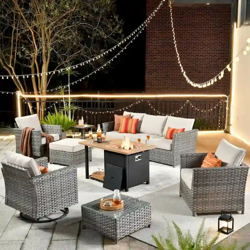 HOOOWOOO Ensemble de Meubles de Jardin Extérieur 10 Pièces en Osier Gris avec Table Brasero