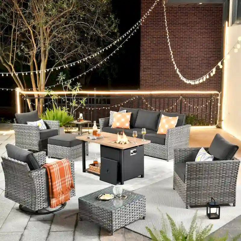 HOOOWOOO Ensemble de Meubles de Jardin Extérieur 10 Pièces en Osier Gris avec Table Brasero