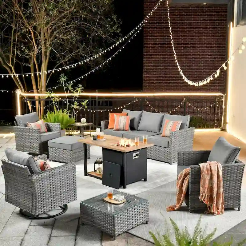 HOOOWOOO Ensemble de Meubles de Jardin Extérieur 10 Pièces en Osier Gris avec Table Brasero