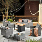 HOOOWOOO Ensemble de Meubles de Jardin Extérieur 10 Pièces en Osier Gris avec Table Brasero