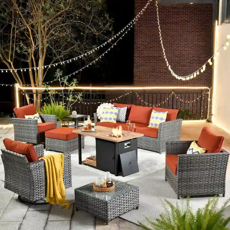HOOOWOOO Ensemble de Meubles de Jardin Extérieur 10 Pièces en Osier Gris avec Table Brasero