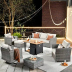 HOOOWOOO Ensemble de Meubles de Jardin Extérieur 10 Pièces en Osier Gris avec Table Brasero