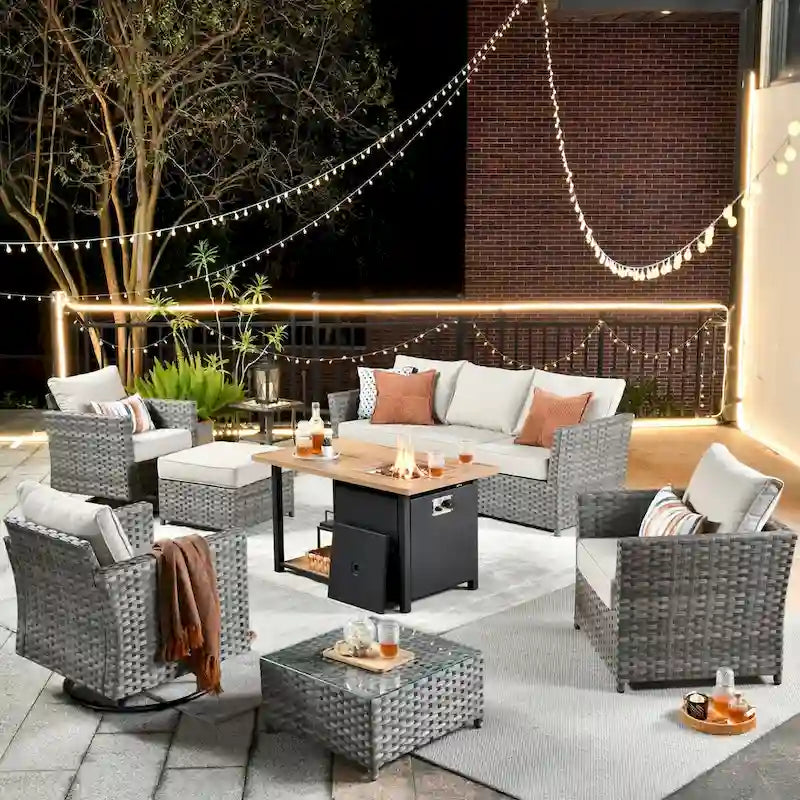 HOOOWOOO Ensemble de Meubles de Jardin Extérieur 10 Pièces en Osier Gris avec Table Brasero