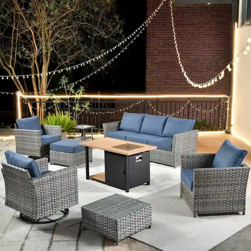 HOOOWOOO Ensemble de Meubles de Jardin Extérieur 10 Pièces en Osier Gris avec Table Brasero