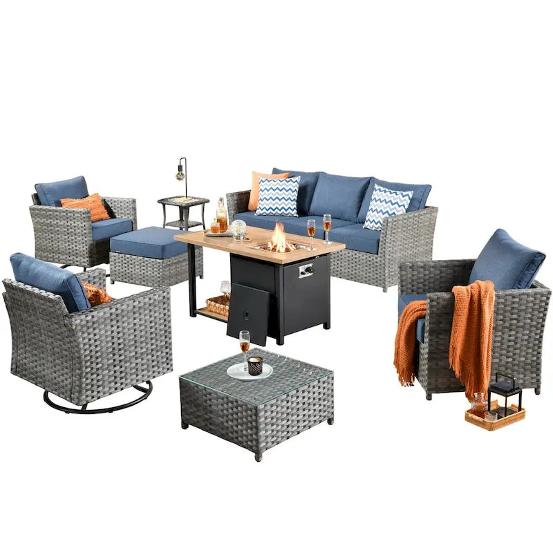 HOOOWOOO Ensemble de Meubles de Jardin Extérieur 10 Pièces en Osier Gris avec Table Brasero