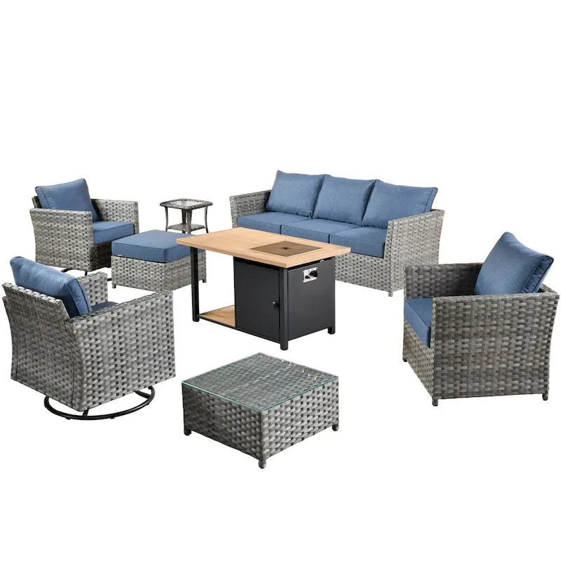 HOOOWOOO Ensemble de Meubles de Jardin Extérieur 10 Pièces en Osier Gris avec Table Brasero