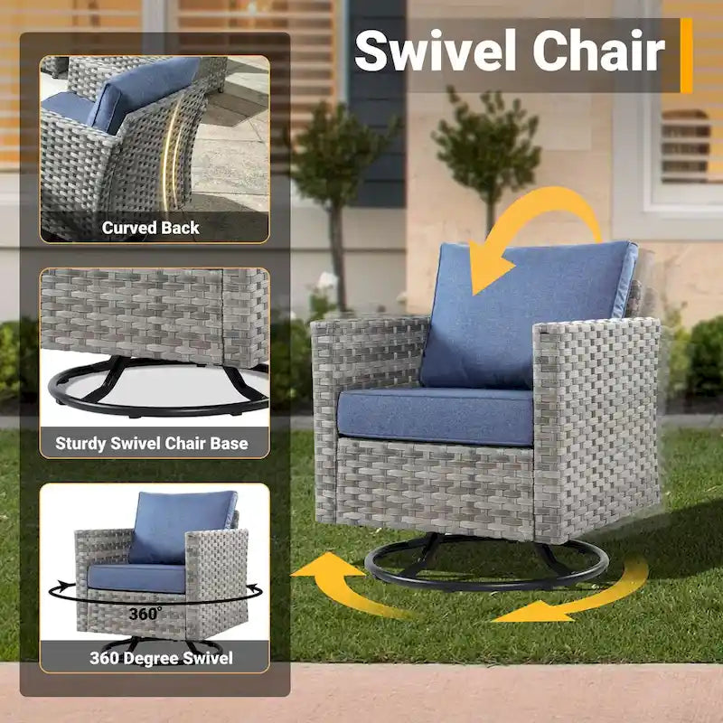 HOOOWOOO Ensemble de Meubles de Jardin Extérieur 10 Pièces en Osier Gris avec Table Brasero