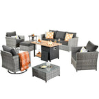 HOOOWOOO Ensemble de Meubles de Jardin Extérieur 10 Pièces en Osier Gris avec Table Brasero