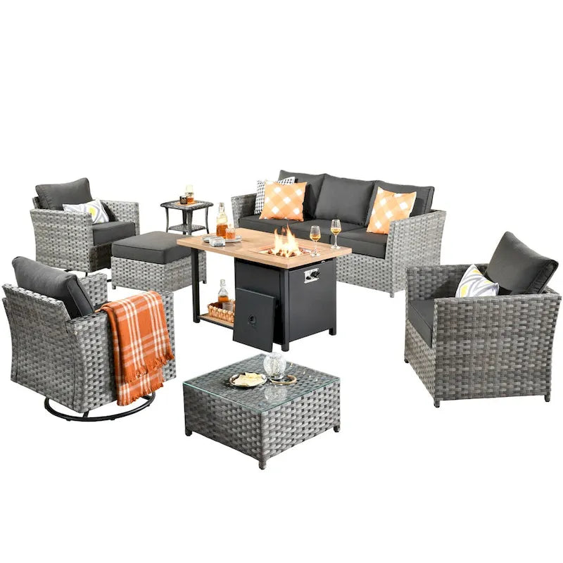 HOOOWOOO Ensemble de Meubles de Jardin Extérieur 10 Pièces en Osier Gris avec Table Brasero