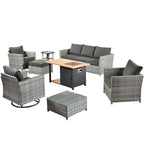 HOOOWOOO Ensemble de Meubles de Jardin Extérieur 10 Pièces en Osier Gris avec Table Brasero
