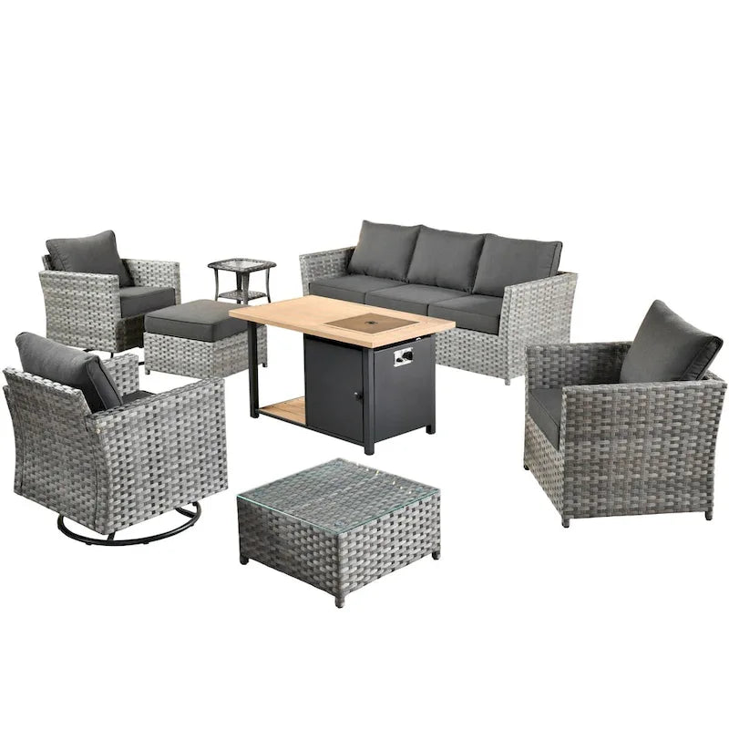HOOOWOOO Ensemble de Meubles de Jardin Extérieur 10 Pièces en Osier Gris avec Table Brasero