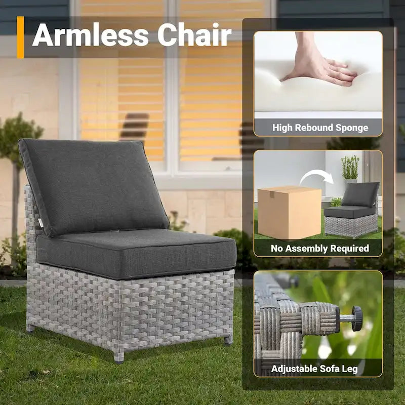 HOOOWOOO Ensemble de Meubles de Jardin Extérieur 10 Pièces en Osier Gris avec Table Brasero