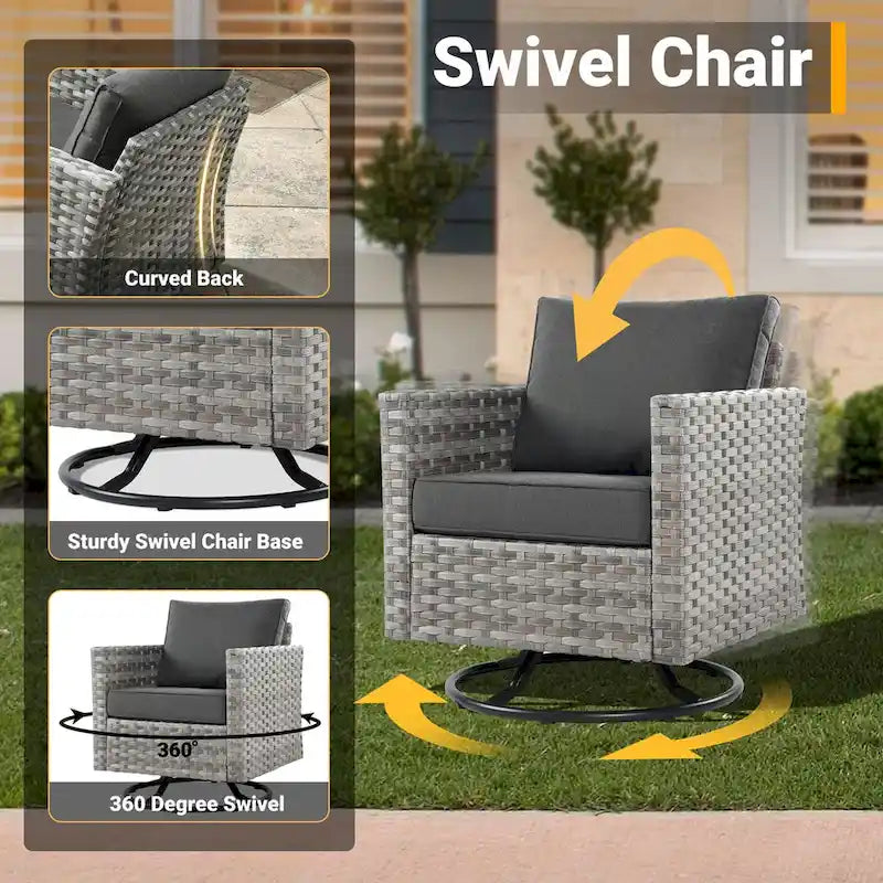 HOOOWOOO Ensemble de Meubles de Jardin Extérieur 10 Pièces en Osier Gris avec Table Brasero