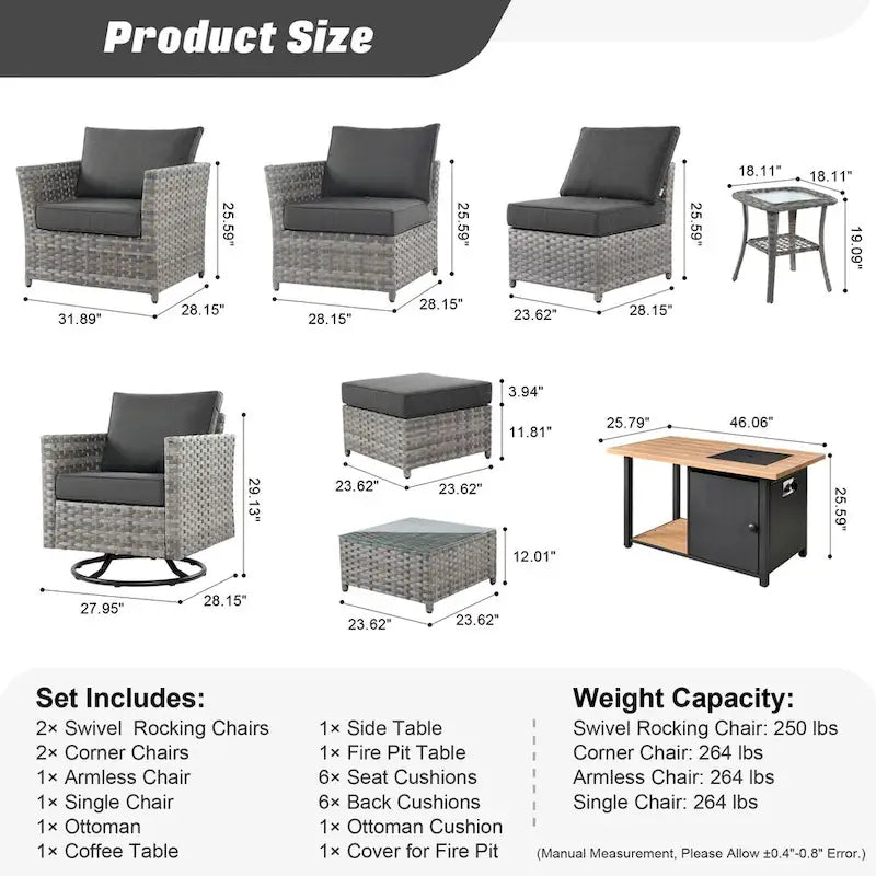 HOOOWOOO Ensemble de Meubles de Jardin Extérieur 10 Pièces en Osier Gris avec Table Brasero