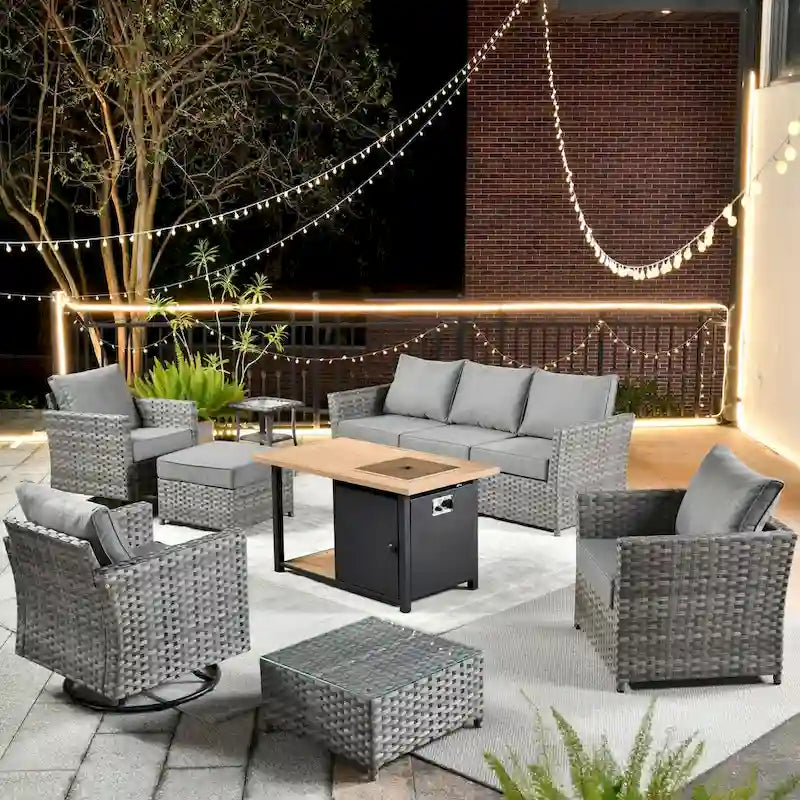 HOOOWOOO Ensemble de Meubles de Jardin Extérieur 10 Pièces en Osier Gris avec Table Brasero