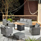 HOOOWOOO Ensemble de Meubles de Jardin Extérieur 10 Pièces en Osier Gris avec Table Brasero