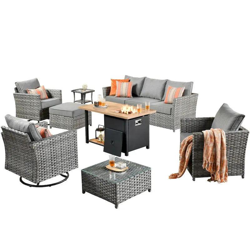 HOOOWOOO Ensemble de Meubles de Jardin Extérieur 10 Pièces en Osier Gris avec Table Brasero