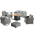 HOOOWOOO Ensemble de Meubles de Jardin Extérieur 10 Pièces en Osier Gris avec Table Brasero