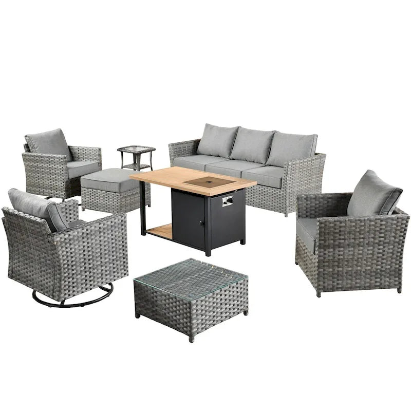 HOOOWOOO Ensemble de Meubles de Jardin Extérieur 10 Pièces en Osier Gris avec Table Brasero