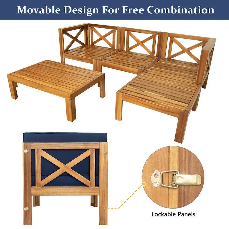 Ensemble de canapé d'angle de patio extérieur en bois 5 pièces avec coussins, finition naturelle
