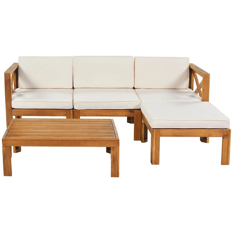 Ensemble de canapé d'angle de patio extérieur en bois 5 pièces avec coussins, finition naturelle
