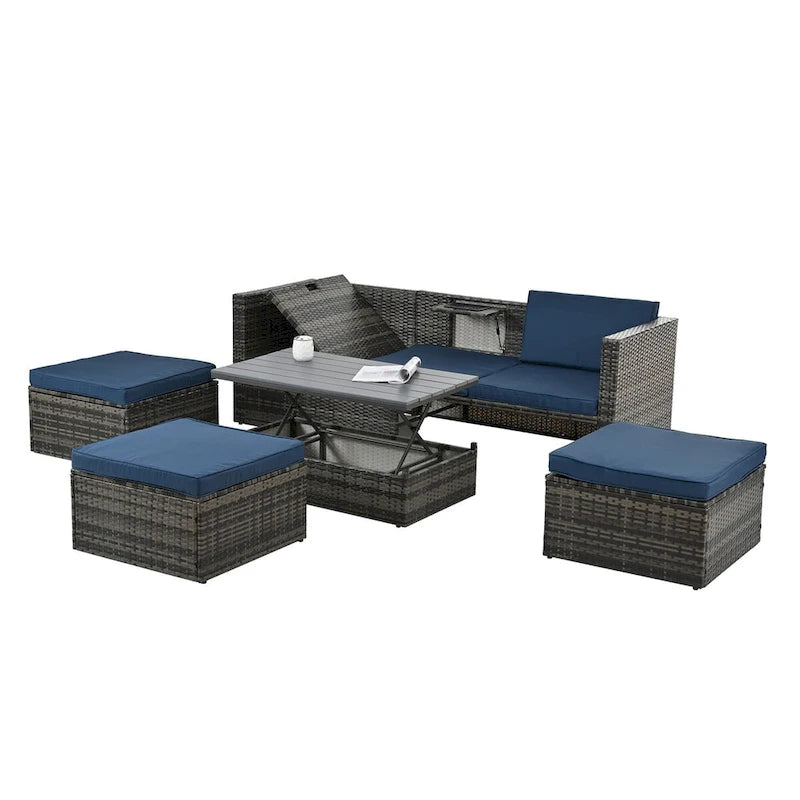 Meubles de jardin de terrasse, meubles en rotin PE saisonniers, ensemble de 5 meubles en rotin, table basse élévatrice en contreplaqué, avec canapé-méridienne