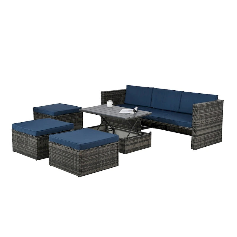 Meubles de jardin de terrasse, meubles en rotin PE saisonniers, ensemble de 5 meubles en rotin, table basse élévatrice en contreplaqué, avec canapé-méridienne